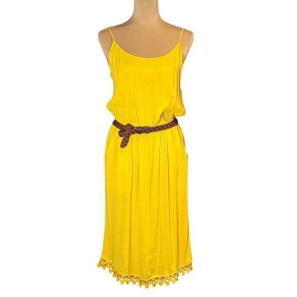 NWT Forever 21 Boho Midi Dress Sz.L Yellow Belted Cottage Dopamine Sundress - Picture 1 of 11
